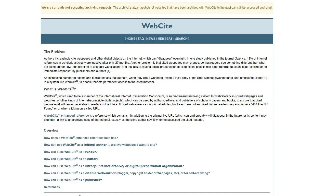 Tampilan website resmi WebCite (webcitation.org)