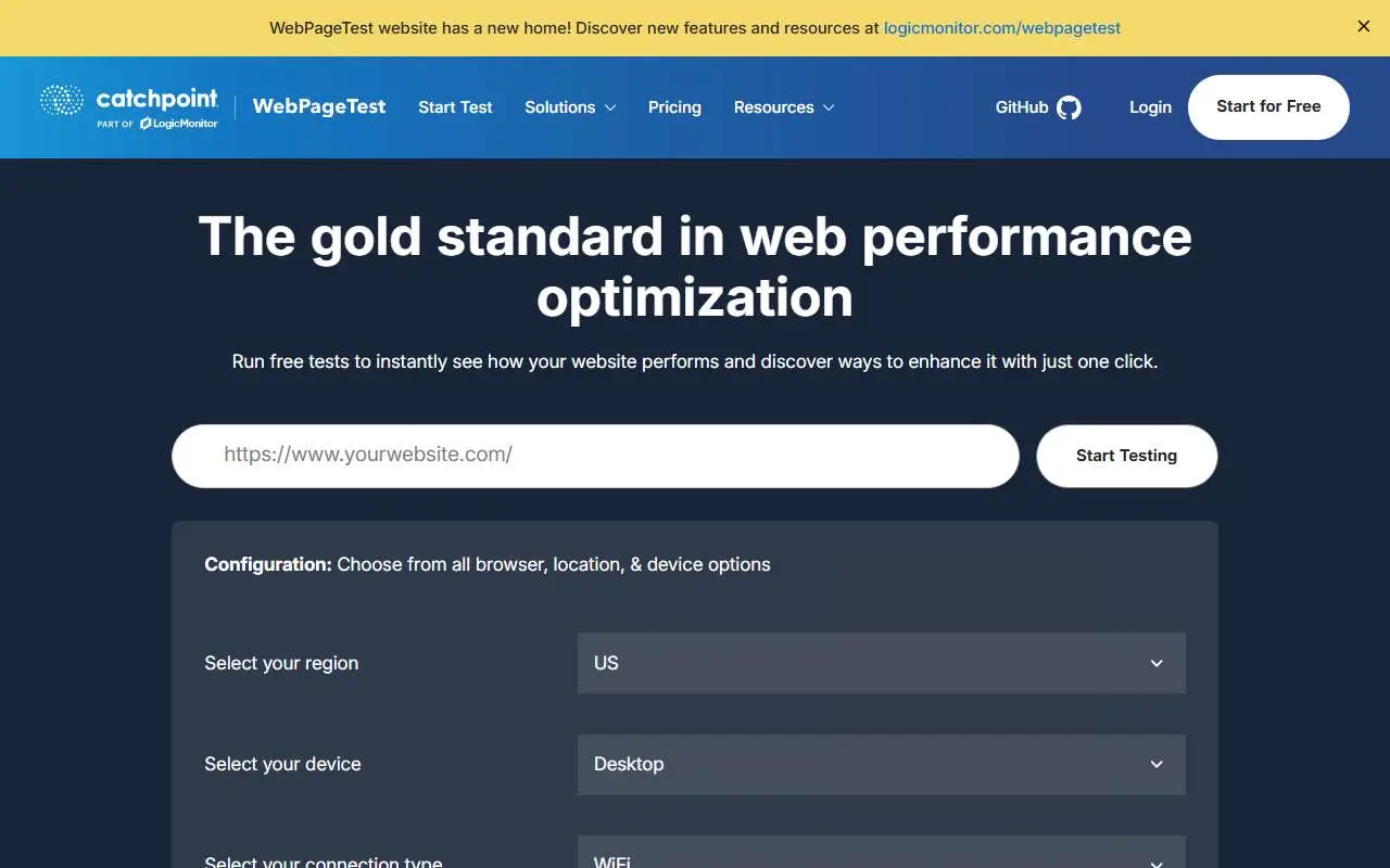 Tampilan website resmi WebPageTest (webpagetest.org)