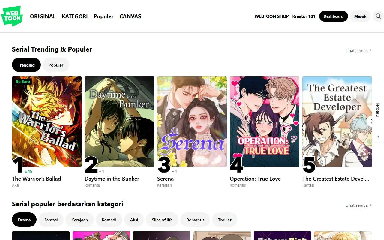 Tampilan website resmi WEBTOON (webtoons.com)