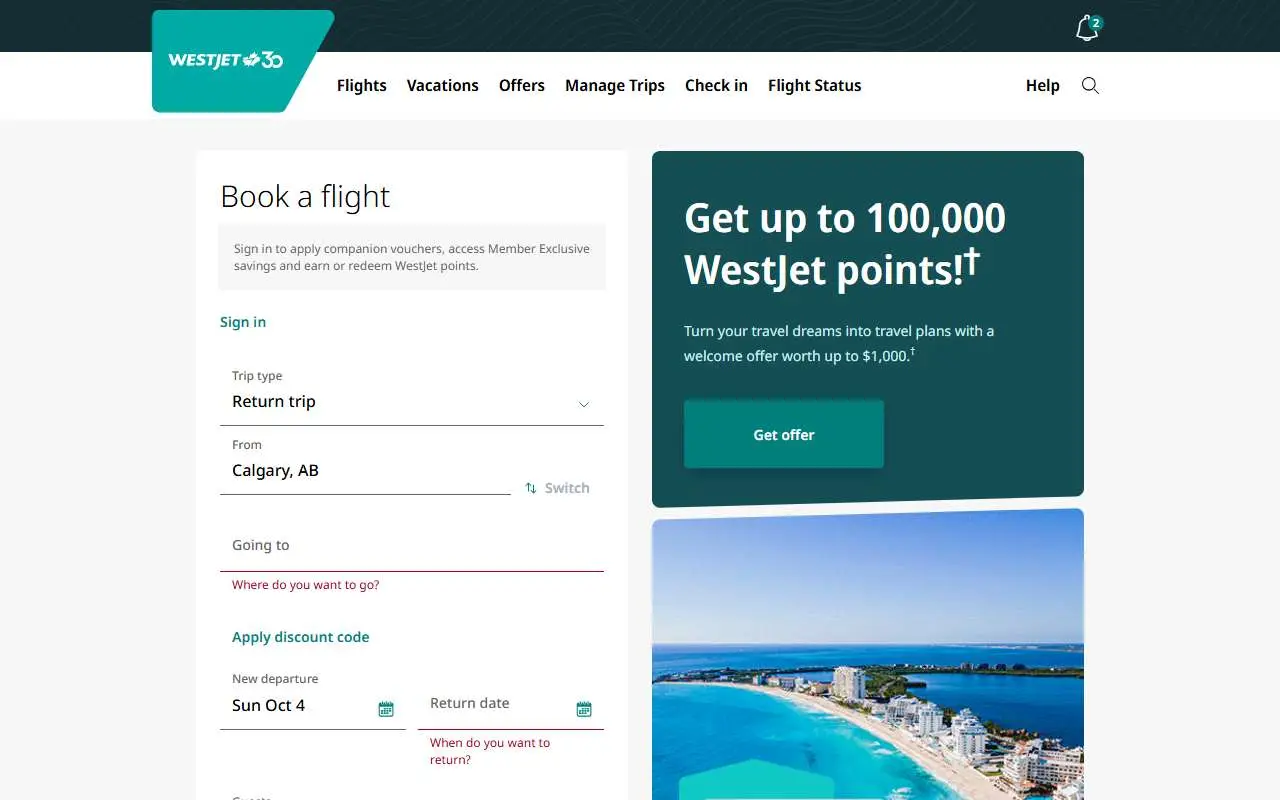Tampilan website resmi WestJet (westjet.com)