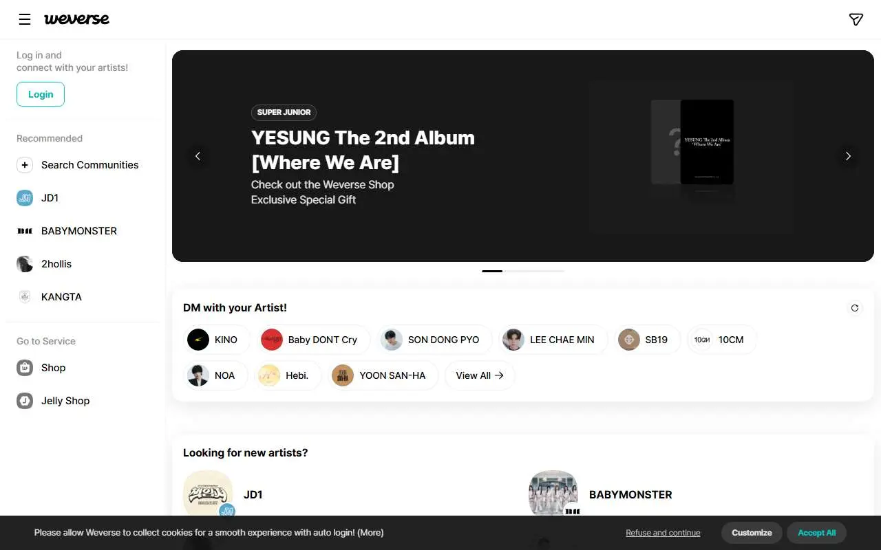 Tampilan website resmi Weverse (weverse.io)