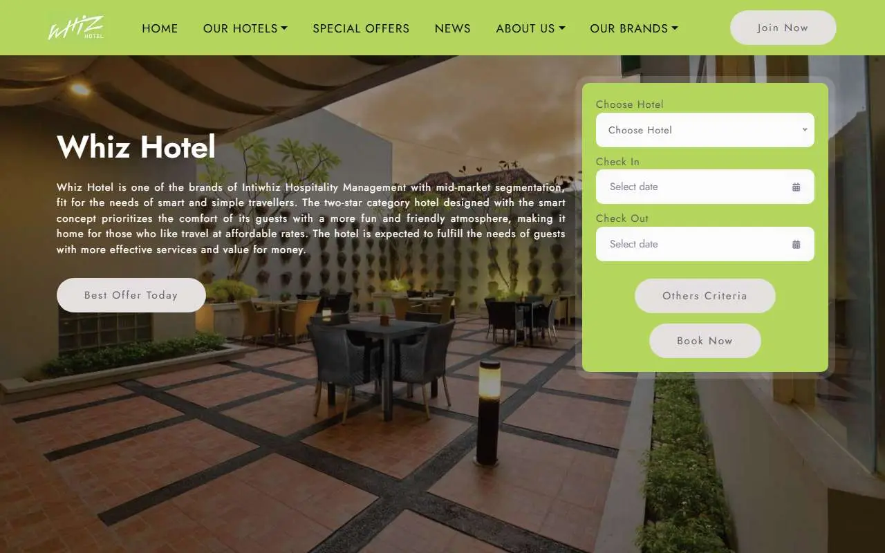 Tampilan website resmi Whiz Hotels (whizhotels.intiwhiz.com)