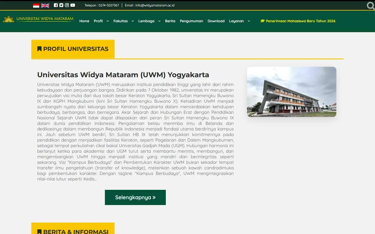 Tampilan website resmi Universitas Widya Mataram Yogyakarta (widyamataram.ac.id)