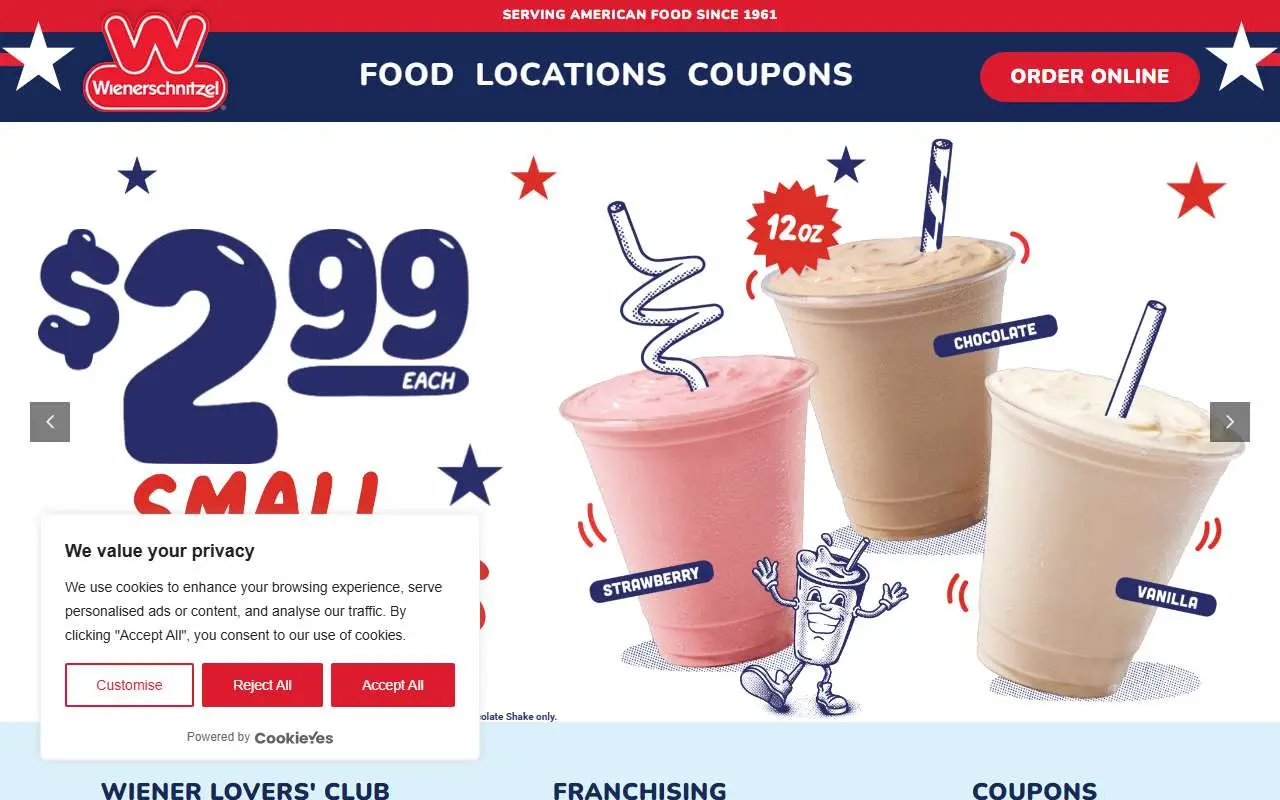 Tampilan website resmi Wienerschnitzel (wienerschnitzel.com)