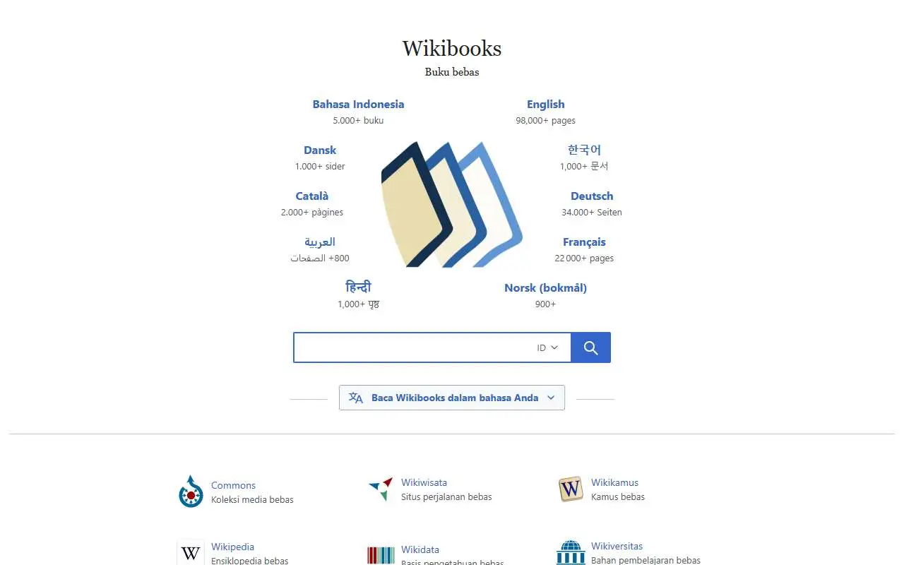 Tampilan website resmi Wikibuku (wikibooks.org)