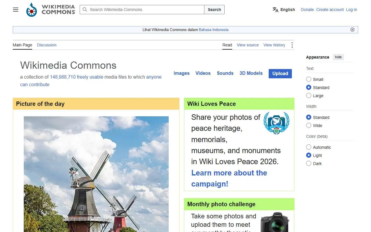 Tampilan website resmi Wikimedia Commons (commons.wikimedia.org)