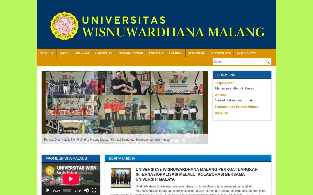 Tampilan website resmi Universitas Wisnuwardhana Malang (wisnuwardhana.ac.id)