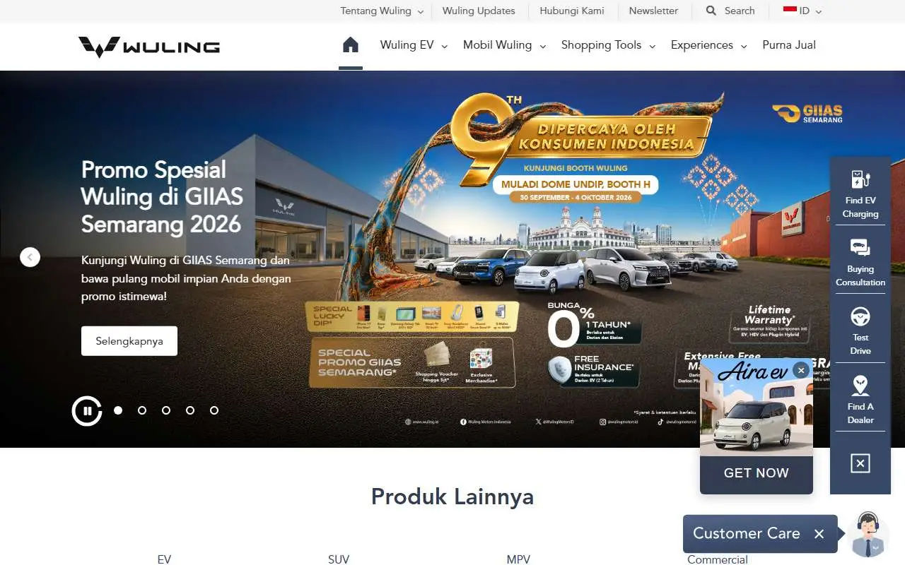 Tampilan website resmi Wuling Indonesia (wuling.id)