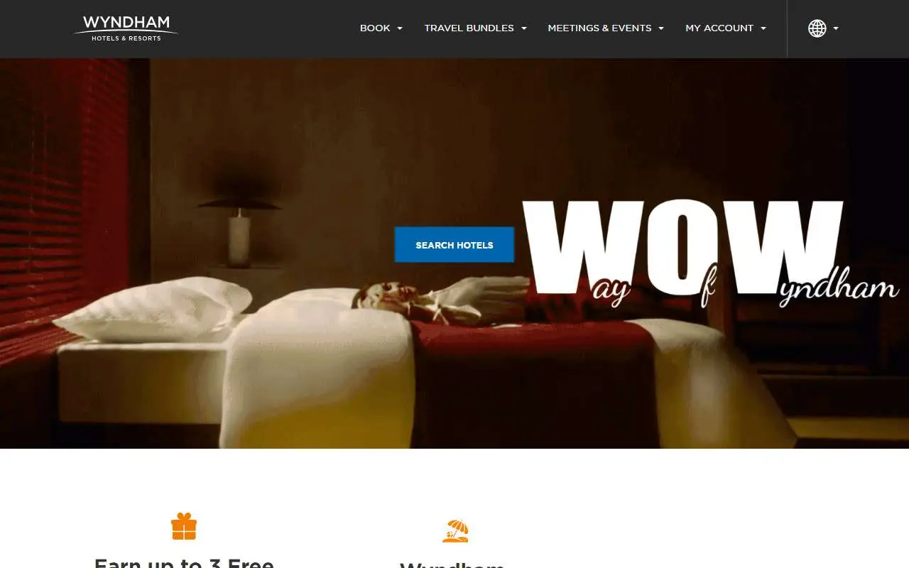 Tampilan website resmi Wyndham Hotels (wyndhamhotels.com)