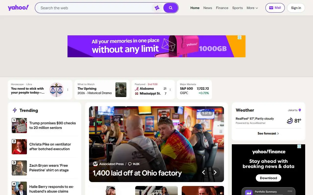 Tampilan website resmi Yahoo (yahoo.com)