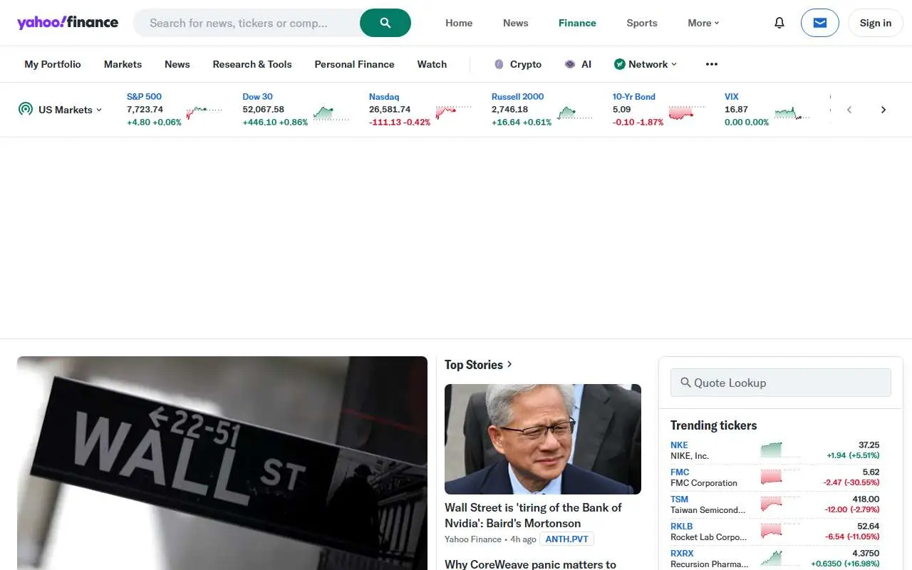 Tampilan website resmi Yahoo Finance (finance.yahoo.com)