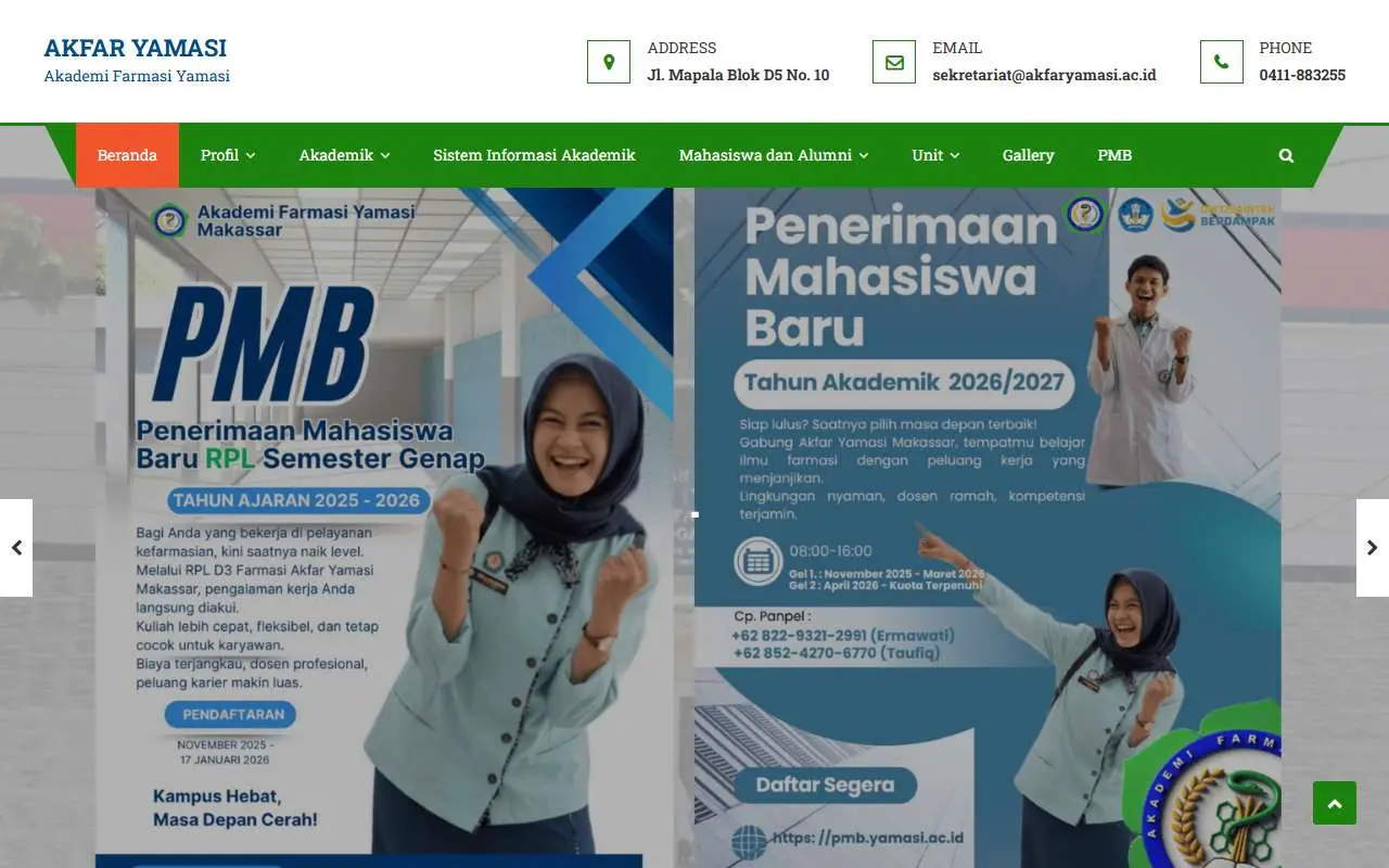 Tampilan website resmi Akademi Farmasi Yamasi Makassar (yamasi.ac.id)