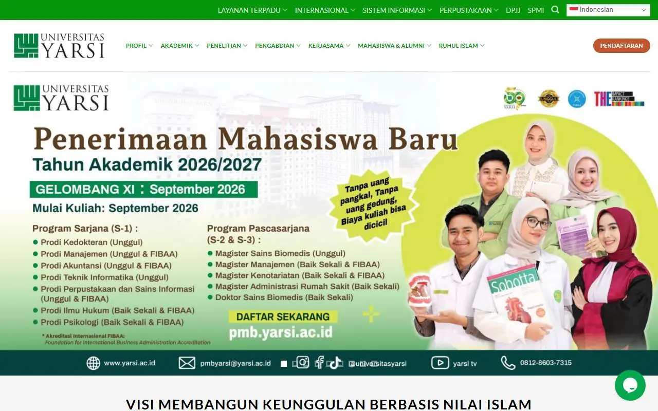 Tampilan website resmi Universitas YARSI (yarsi.ac.id)