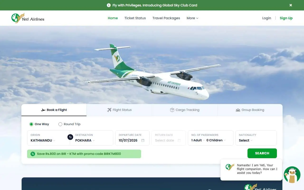 Tampilan website resmi Yeti Airlines (yetiairlines.com)