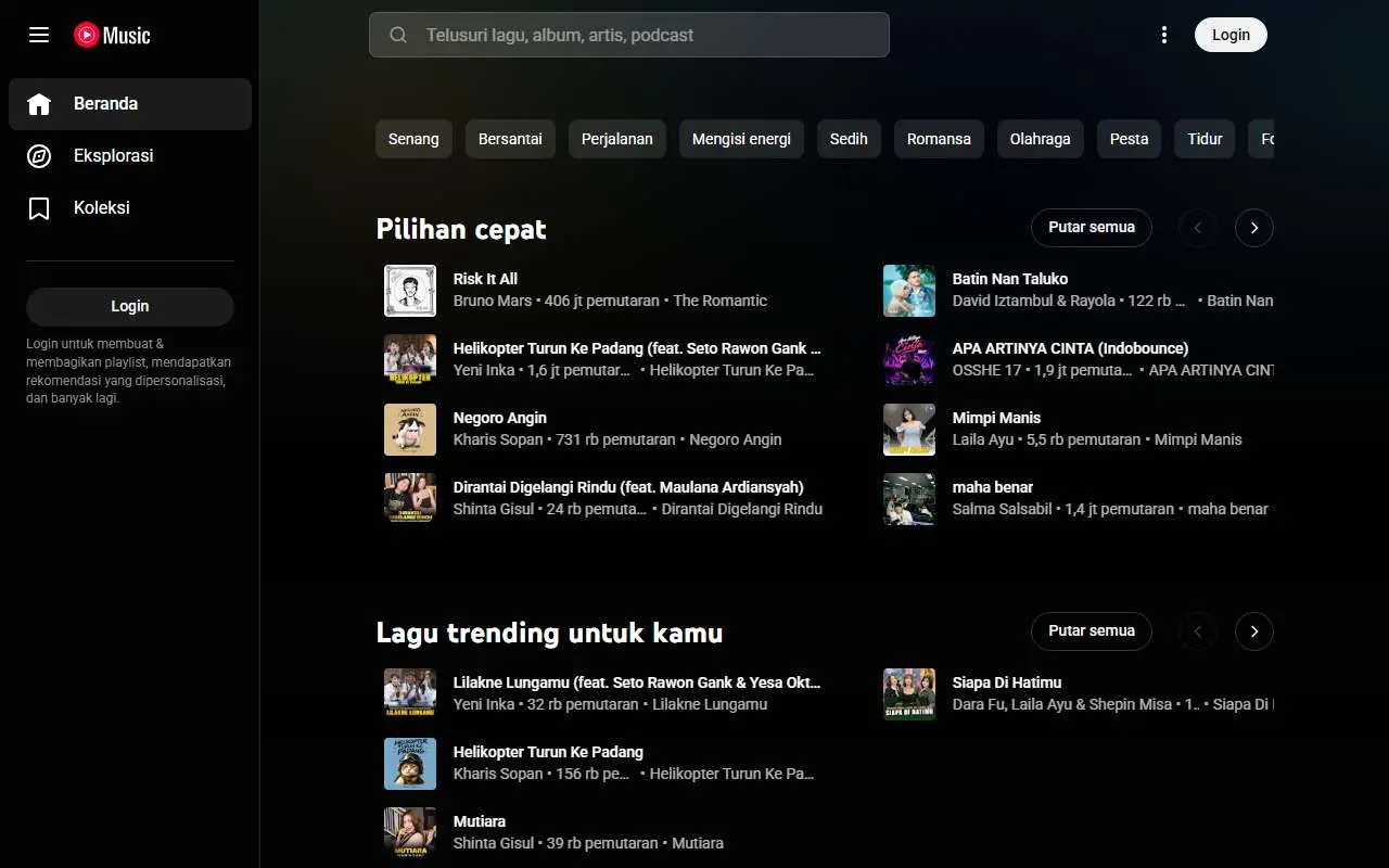 Tampilan website resmi YouTube Music (music.youtube.com)
