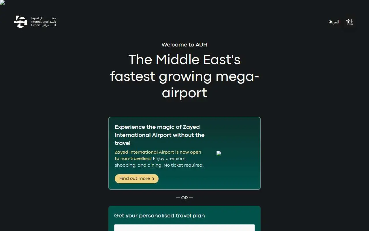 Tampilan website resmi Bandara Internasional Abu Dhabi (zayedinternationalairport.ae)