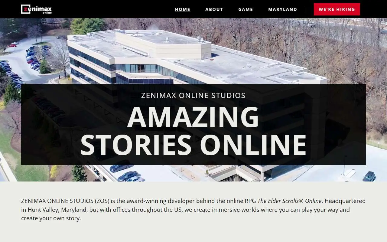 Tampilan website resmi ZeniMax Online Studios (zenimaxonline.com)