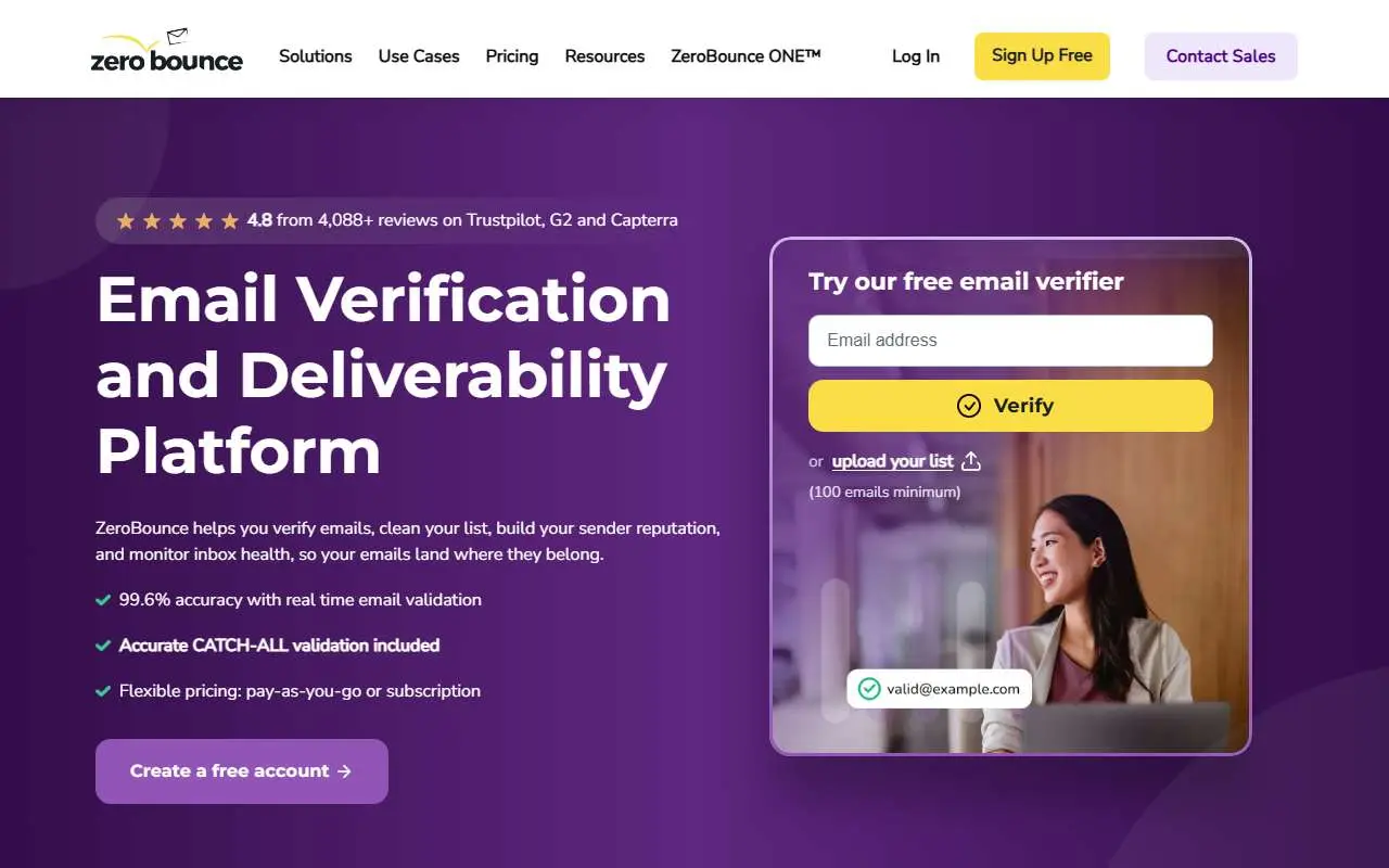 Tampilan website resmi ZeroBounce (zerobounce.net)