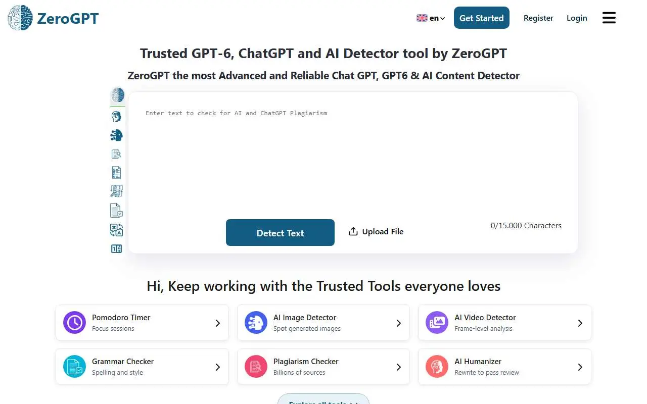 Tampilan website resmi ZeroGPT (zerogpt.com)